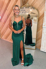 Load image into Gallery viewer, Fitted Beaded Corset Bodice Prom Dress with Slit