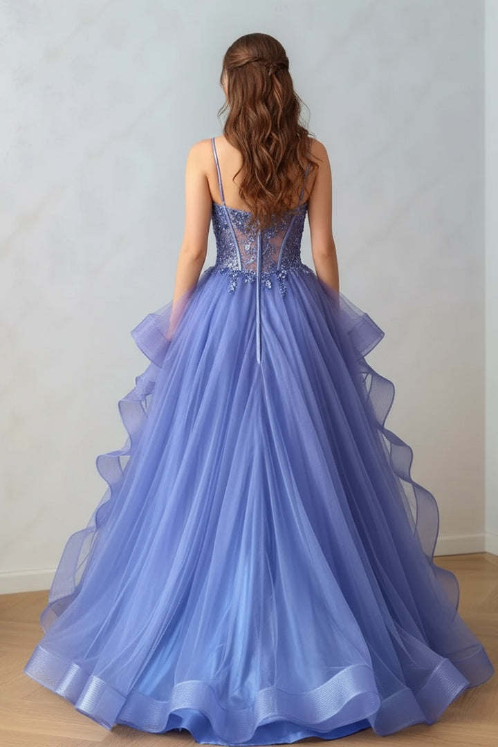 Blue Ruffle Tulle Ball Gown Prom Dress