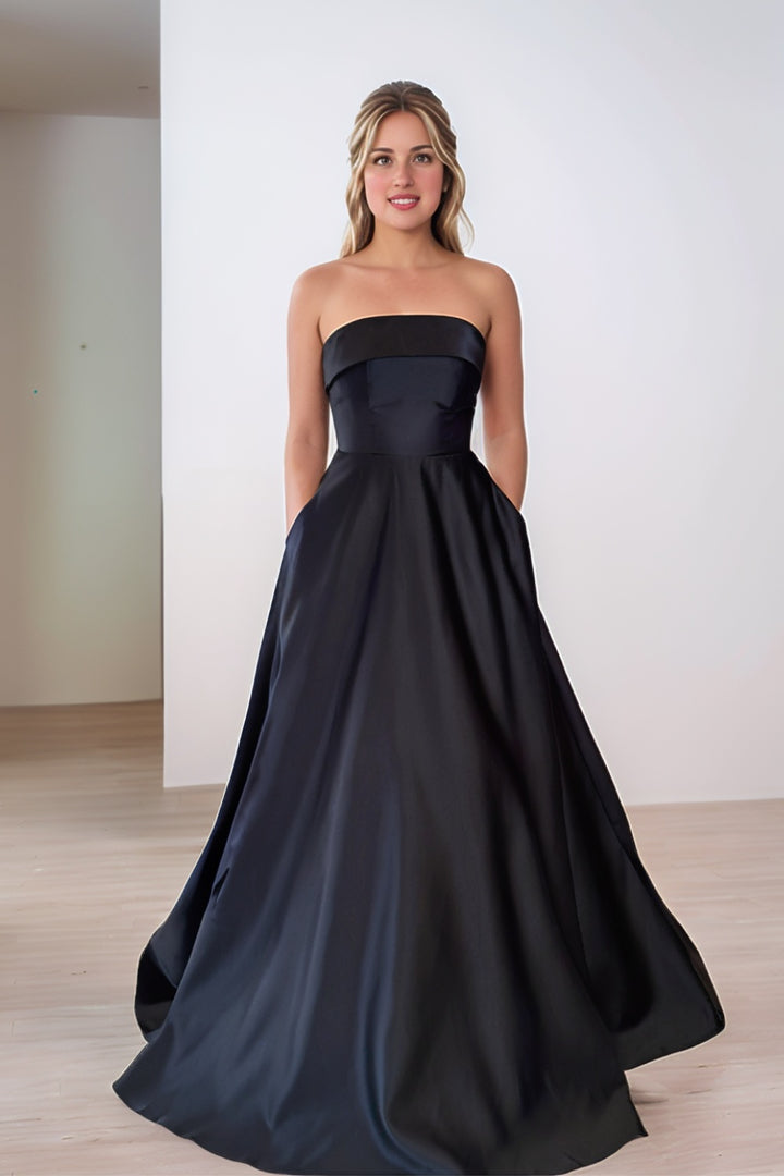 Black Satin Prom Dress with Pockets