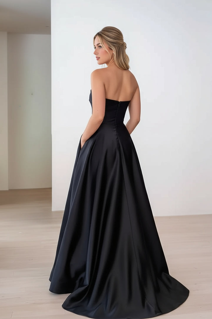 Black Satin Prom Dress with Pockets