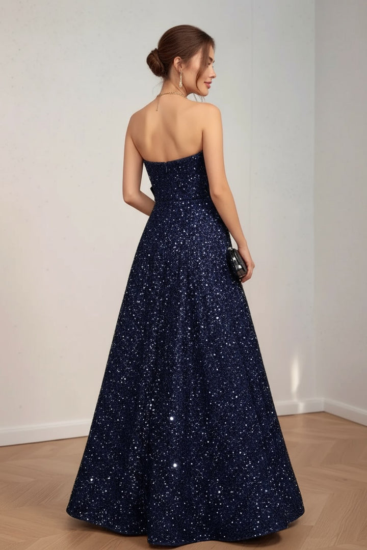 Navy Strapless Sequin Cut-Out Prom Dress
