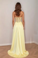 Load image into Gallery viewer, Yellow Corset Bodice Illusion Mesh Prom Dress