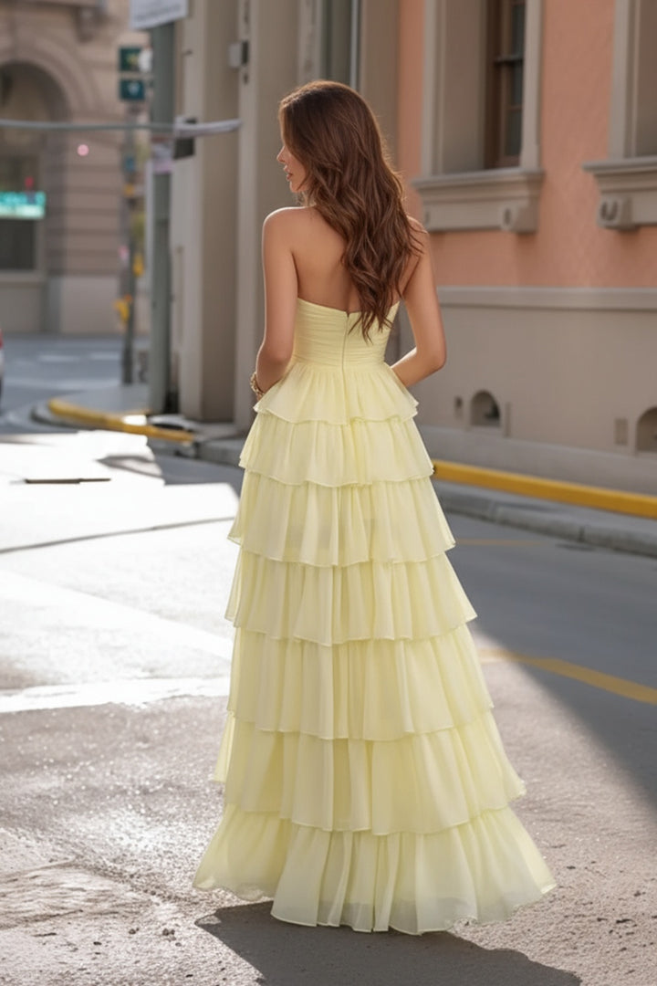 Yellow Strapless Ruffle Prom Dress