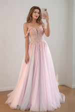 Load image into Gallery viewer, Light Pink Sheer Illusion 3D Appliques Prom Dress