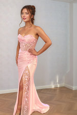 Load image into Gallery viewer, Pink Corset Bodic Prom Dress with Appliques