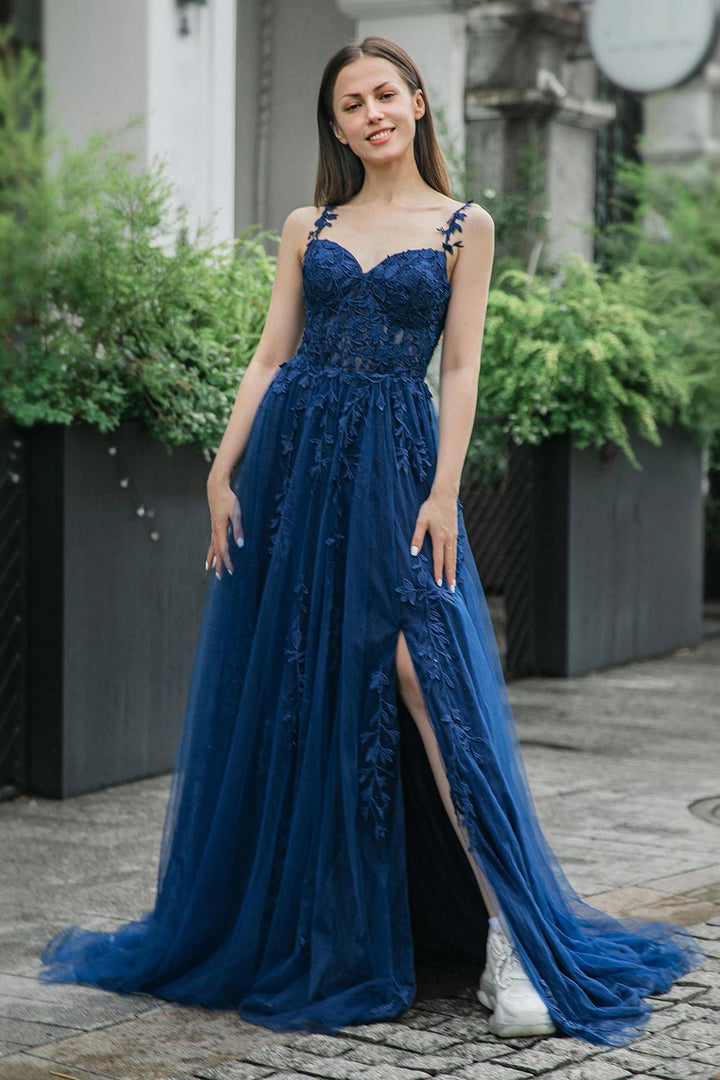 A-line Tulle Appliques Prom Dress with Split
