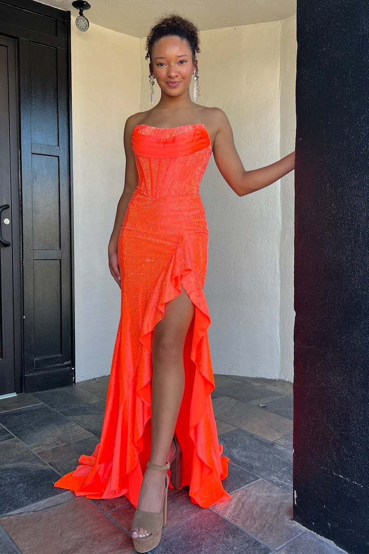 Strapless Corset Bodice Prom Dress with Ruffle Slit