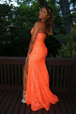 Load image into Gallery viewer, Orange Sequin Long Fitted Prom Dress with Slit