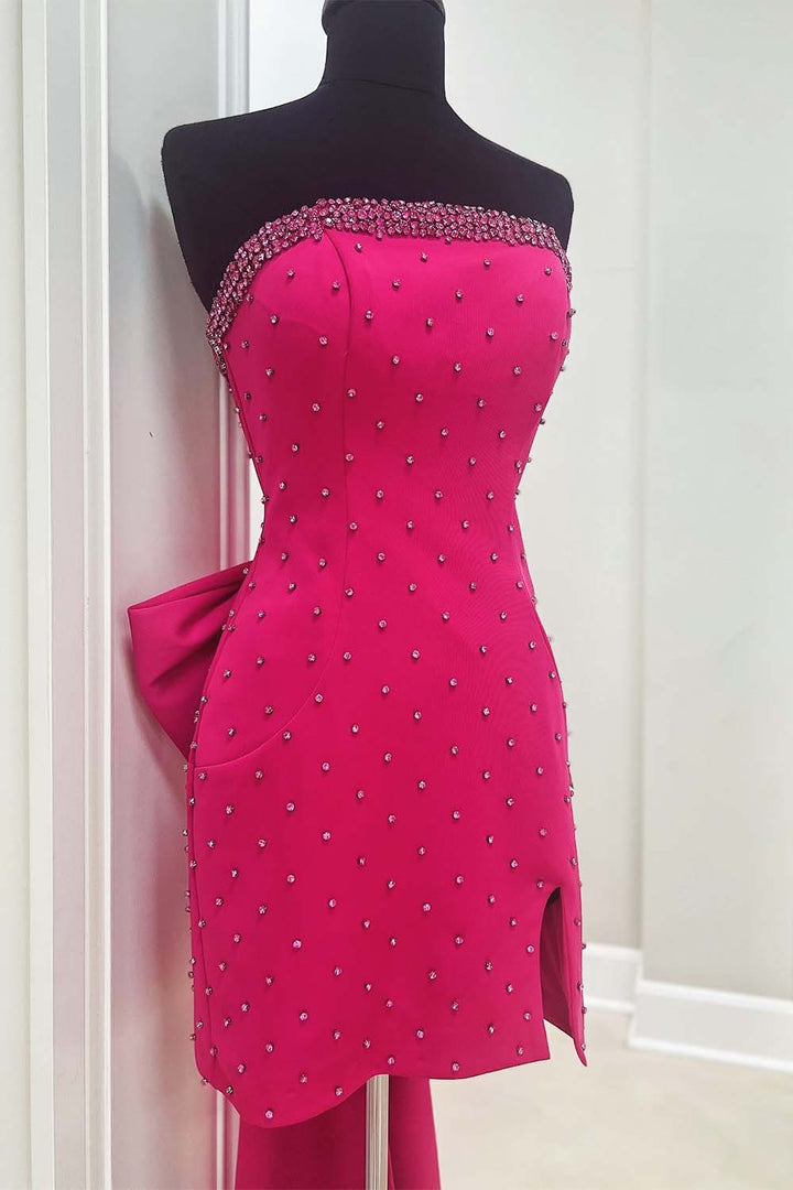 Slit Strapless Homecoming Dress with Bow