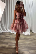 Load image into Gallery viewer, Pink Corset Floral Homecoming Dress