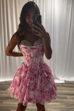 Load image into Gallery viewer, Sweetheart Pink Floral Homecoming Dress with Beads