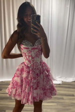 Load image into Gallery viewer, Sweetheart Pink Floral Homecoming Dress with Beads