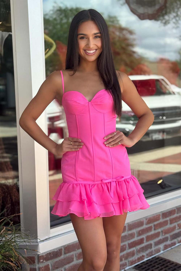 Hot Pink Ruffle Hem Homecoming Dress