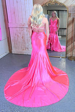 Load image into Gallery viewer, Slit Ruffle Pink Prom Dress with Bow