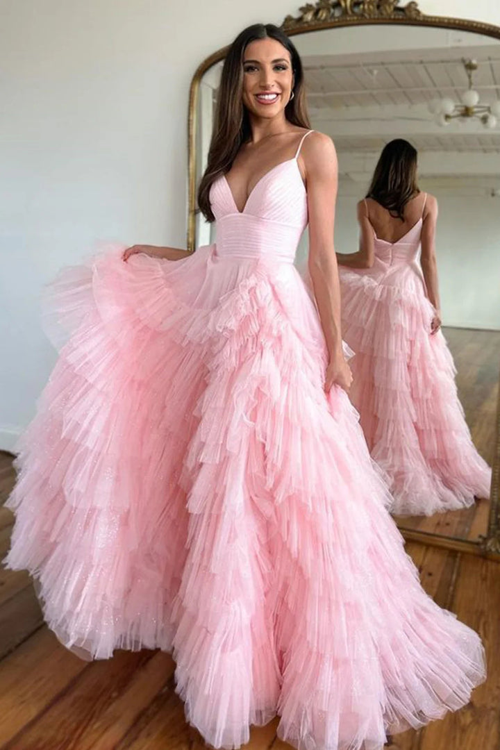 A-Line Tulle Ruffled Prom Dress