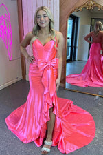 Load image into Gallery viewer, Slit Ruffle Pink Prom Dress with Bow