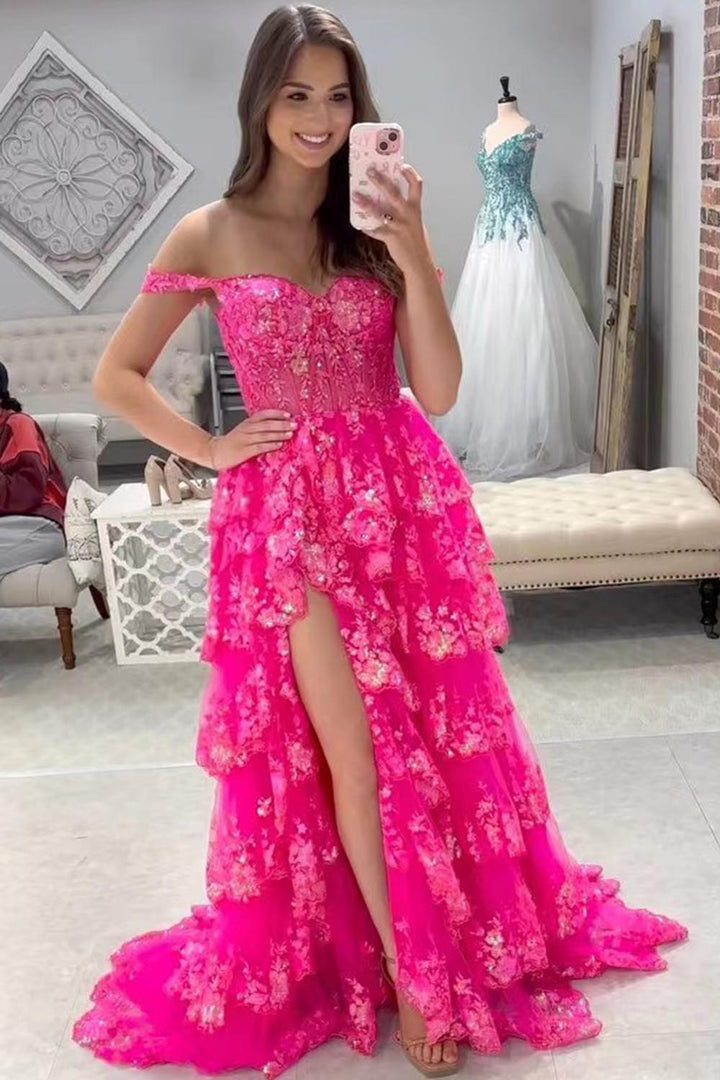 Slit Ruffle Prom Dress with Sequin