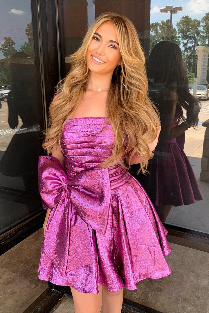 Strapless Brocade Homecoming Dress with Bow