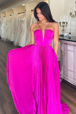 Load image into Gallery viewer, Fuchsia Pleated Prom Dress with Bow Back