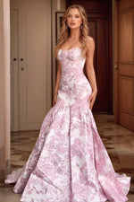 Load image into Gallery viewer, Strapless Light Pink Floral Prom Gown