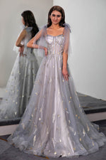 Load image into Gallery viewer, Tulle Sheer Corset Bodice Prom Dress with Feather Embroidery