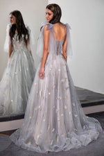 Load image into Gallery viewer, Tulle Sheer Corset Bodice Prom Dress with Feather Embroidery