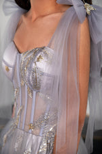Load image into Gallery viewer, Tulle Sheer Corset Bodice Prom Dress with Feather Embroidery