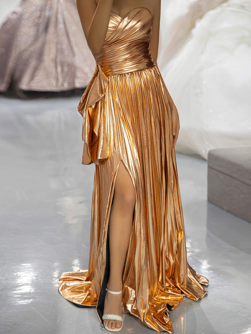 Metallic Pleated Slit Prom Dress