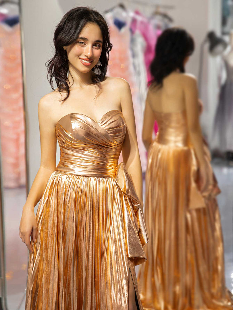 Metallic Pleated Slit Prom Dress