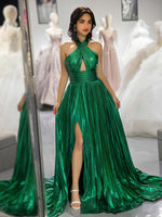 Load image into Gallery viewer, Halter Green Metallic Slit Prom Dress
