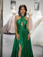 Load image into Gallery viewer, Halter Green Metallic Slit Prom Dress

