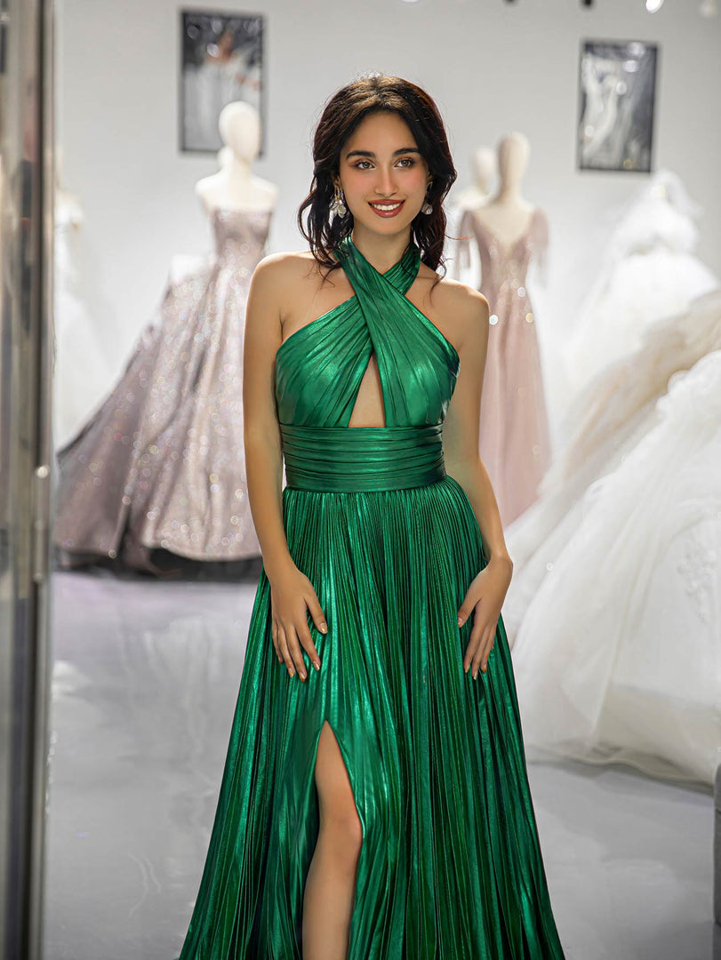 Halter Green Metallic Slit Prom Dress