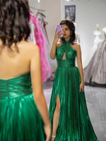 Load image into Gallery viewer, Halter Metallic Slit Prom Dress with Keyhole