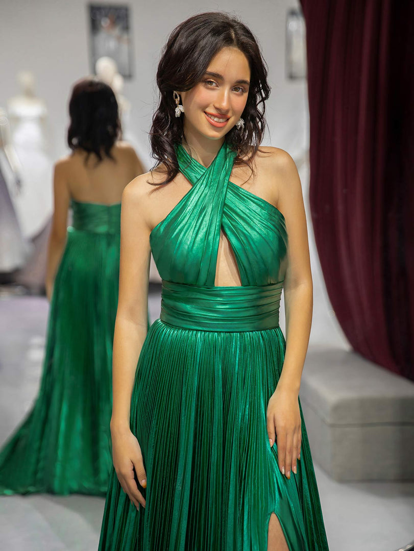 Halter Green Metallic Slit Prom Dress