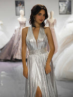 Load image into Gallery viewer, Silver Metallic Open Back Prom Dress
