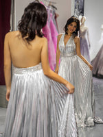 Load image into Gallery viewer, Silver Metallic Open Back Prom Dress
