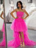 Load image into Gallery viewer, Pink Tiered Long High Low Strapless Prom Dress
