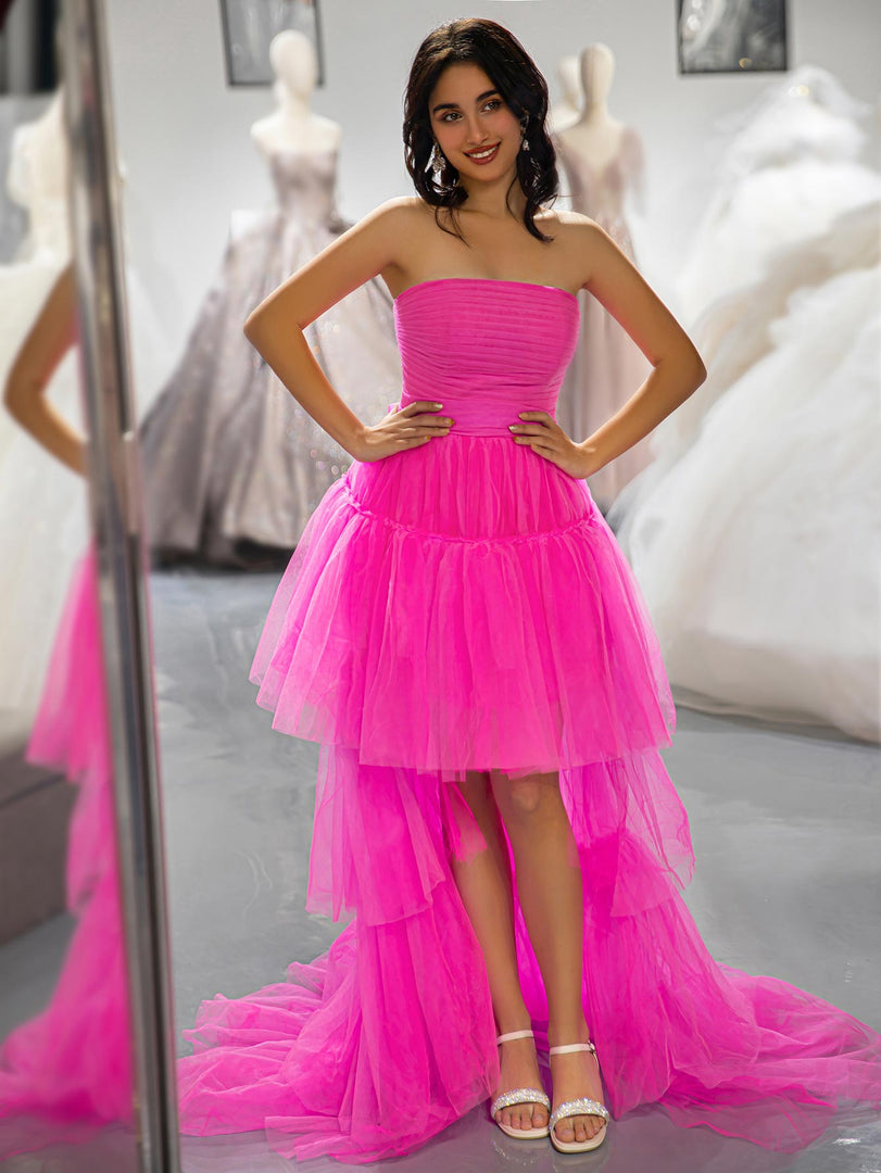 Pink Tiered Long High Low Strapless Prom Dress