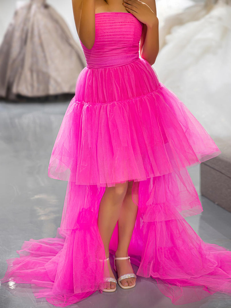 Pink Tiered Long High Low Strapless Prom Dress