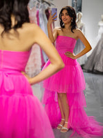 Load image into Gallery viewer, Pink Tiered Long High Low Strapless Prom Dress
