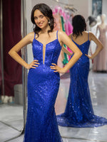 Load image into Gallery viewer, Royal Blue Sequin Beaded Prom Dress