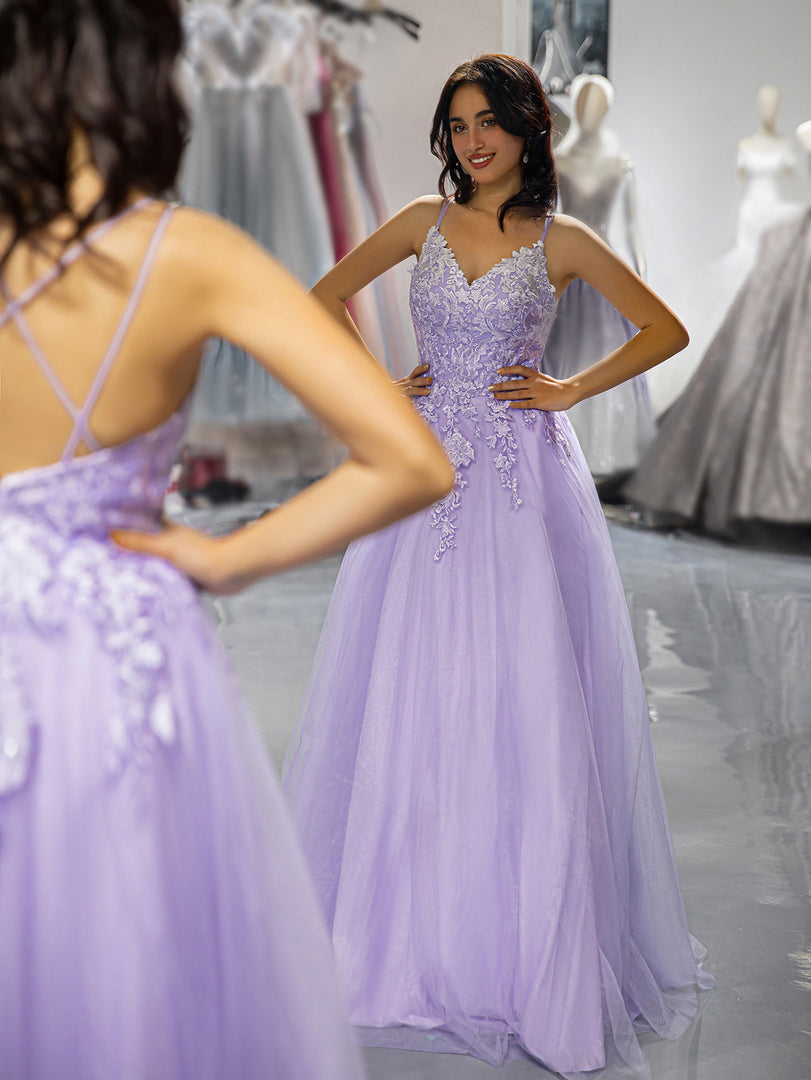 A-Line Lilac Applique Prom Dress