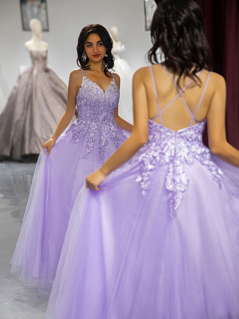 A-Line Lilac Applique Prom Dress