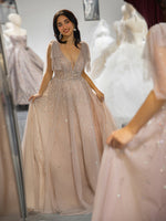Load image into Gallery viewer, Champagne Beaded Prom Dress with Tulle Bows