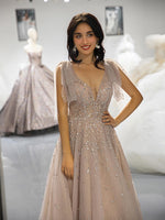 Load image into Gallery viewer, Champagne Beaded Prom Dress with Tulle Bows
