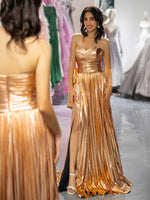Load image into Gallery viewer, Metallic Pleated Slit Prom Dress