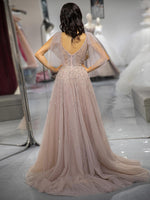 Load image into Gallery viewer, Champagne Beaded Prom Dress with Tulle Bows
