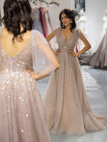 Load image into Gallery viewer, Champagne Beaded Prom Dress with Tulle Bows
