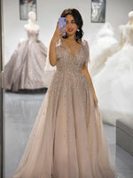 Load image into Gallery viewer, Champagne Beaded Prom Dress with Tulle Bows
