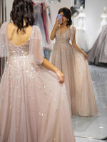 Load image into Gallery viewer, Champagne Beaded Prom Dress with Tulle Bows
